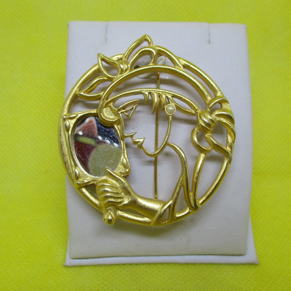 Large TONA Brooch 2 3/16 Inches Tona Womans Face Real Mirror Pearl Earrings Hat